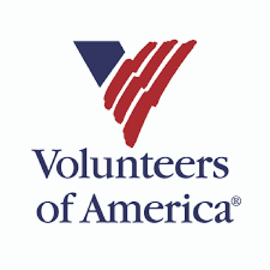 Volunteers of America Logo comprised of a letter V in blue with red stripes with blue text